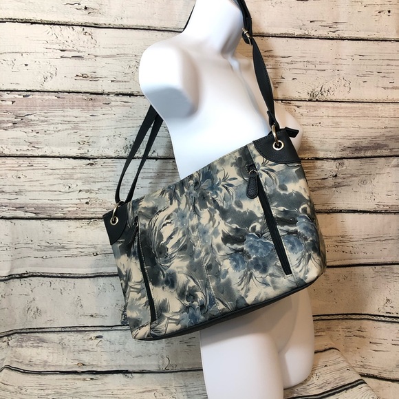 Chic Floral Shoulder Bag Soft Blue & Gray Tones with Leather Accents unbranded - Picture 1 of 16